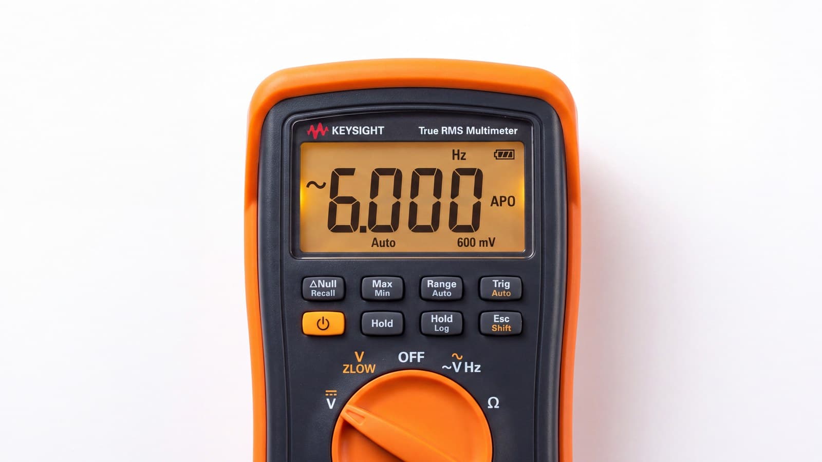 Mặt trước Keysight U1231A hiển thị 6.000 với các phím Null, Max Min, Range và Hold