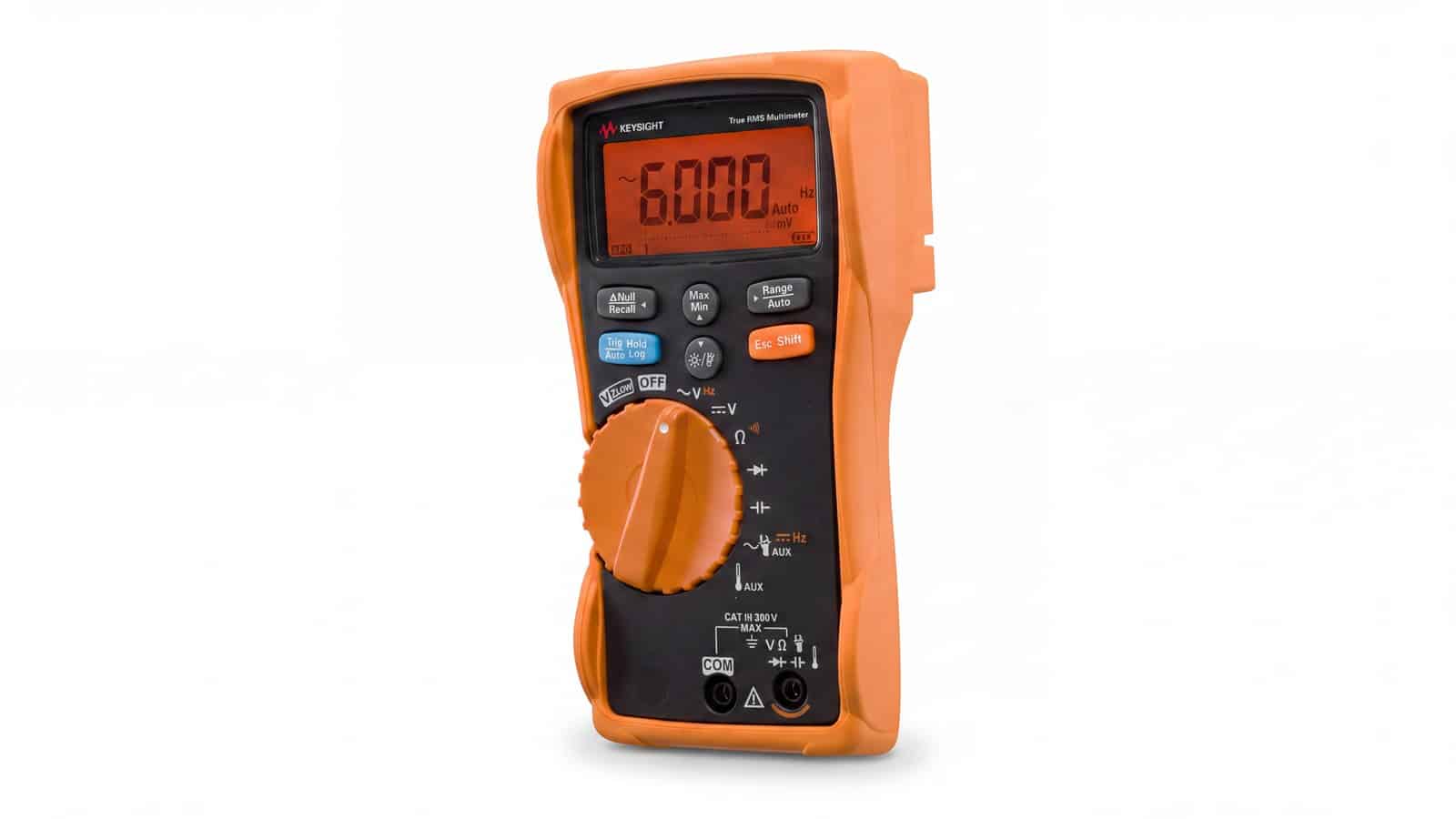 Đồng hồ vạn năng cầm tay Keysight U1231A ở góc phối cảnh với vỏ bảo vệ màu cam
