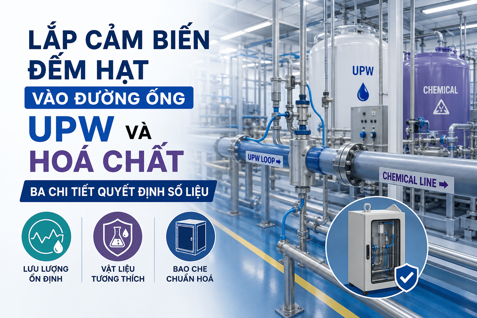 Lắp cảm biến đếm hạt đường ống UPW & hóa chất quy trình ướt