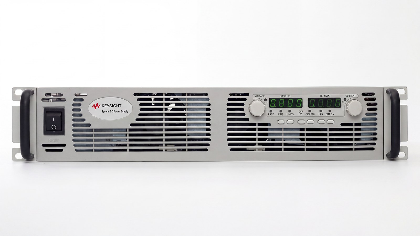 Mặt trước nguồn DC hệ thống Keysight N8700 với màn hình hiển thị điện áp và dòng điện