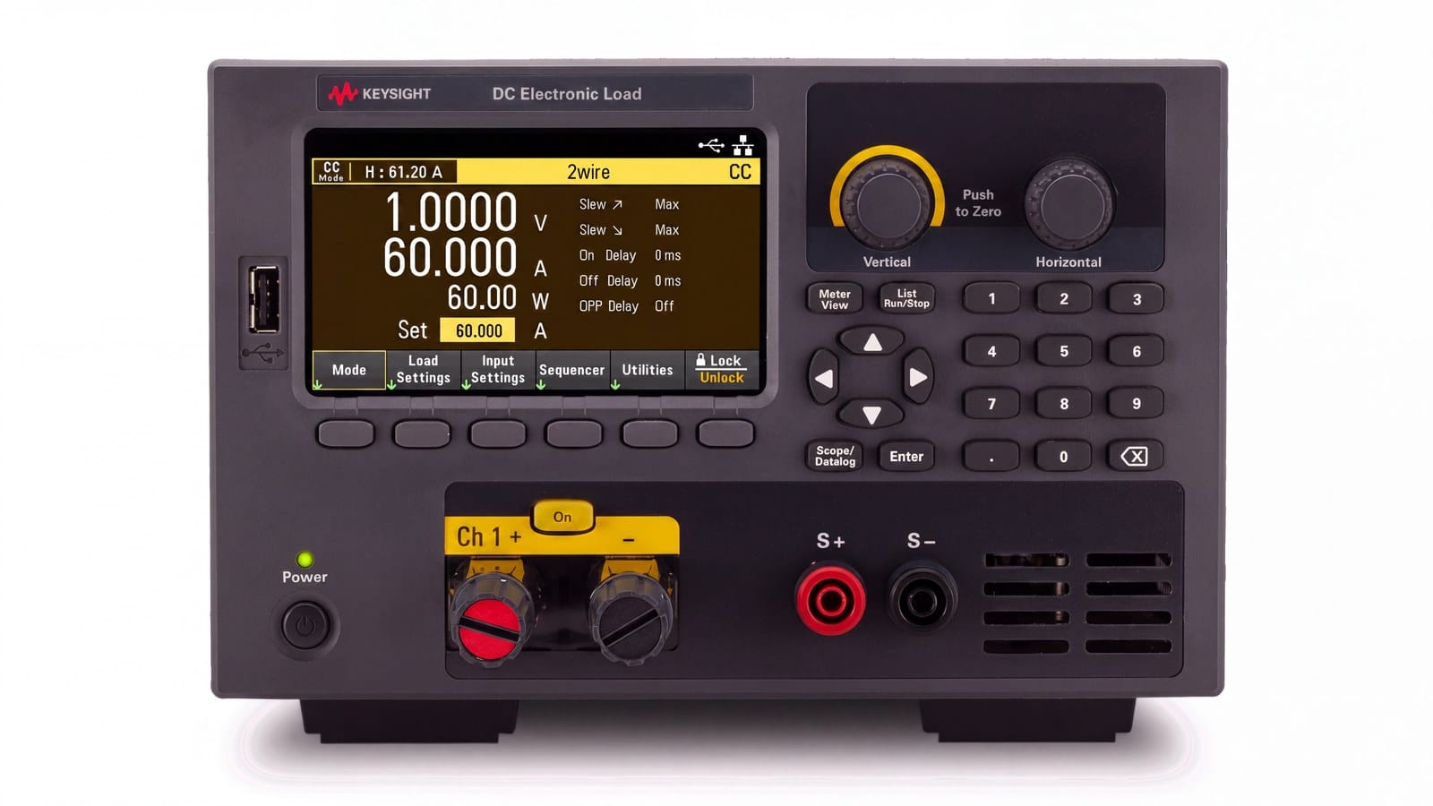 Mặt trước tải điện tử DC Keysight EL34143A với màn hình hiển thị chế độ CC
