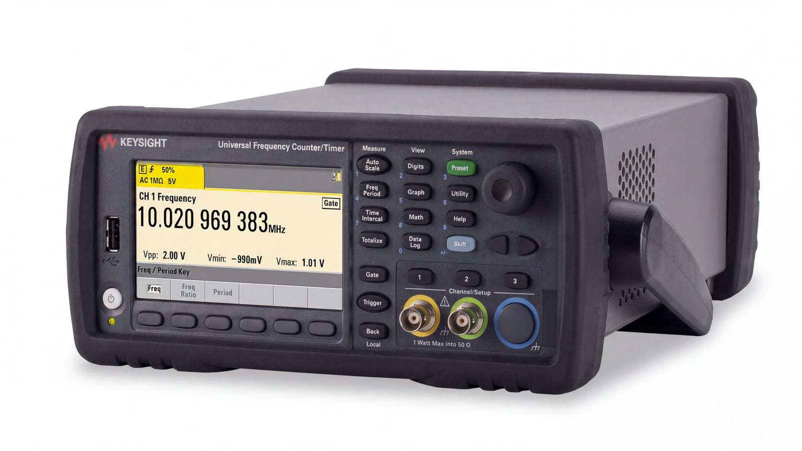 Máy đếm tần số Keysight 53220A nhìn nghiêng thấy thân máy và tay nắm