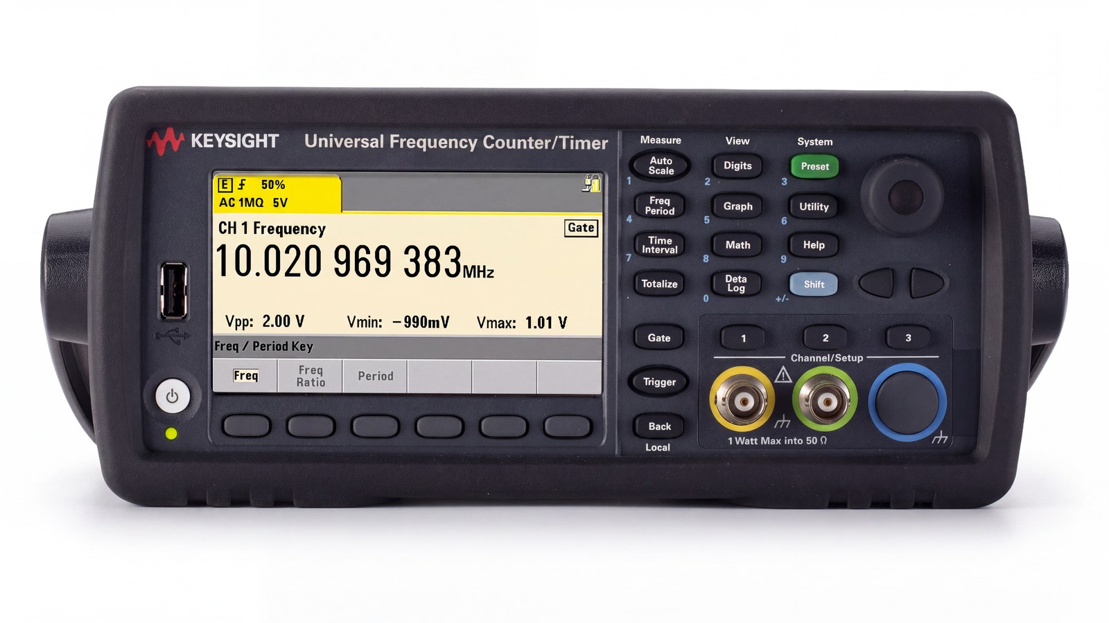 Mặt trước máy đếm tần số Keysight 53220A với hai ngõ vào BNC
