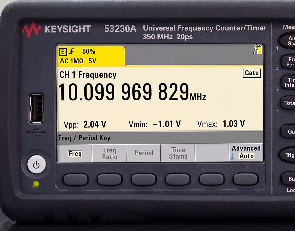 Màn hình máy đếm tần số Keysight 53230A hiển thị phép đo tần số kênh 1 với băng thông kênh chuẩn 350 MHz