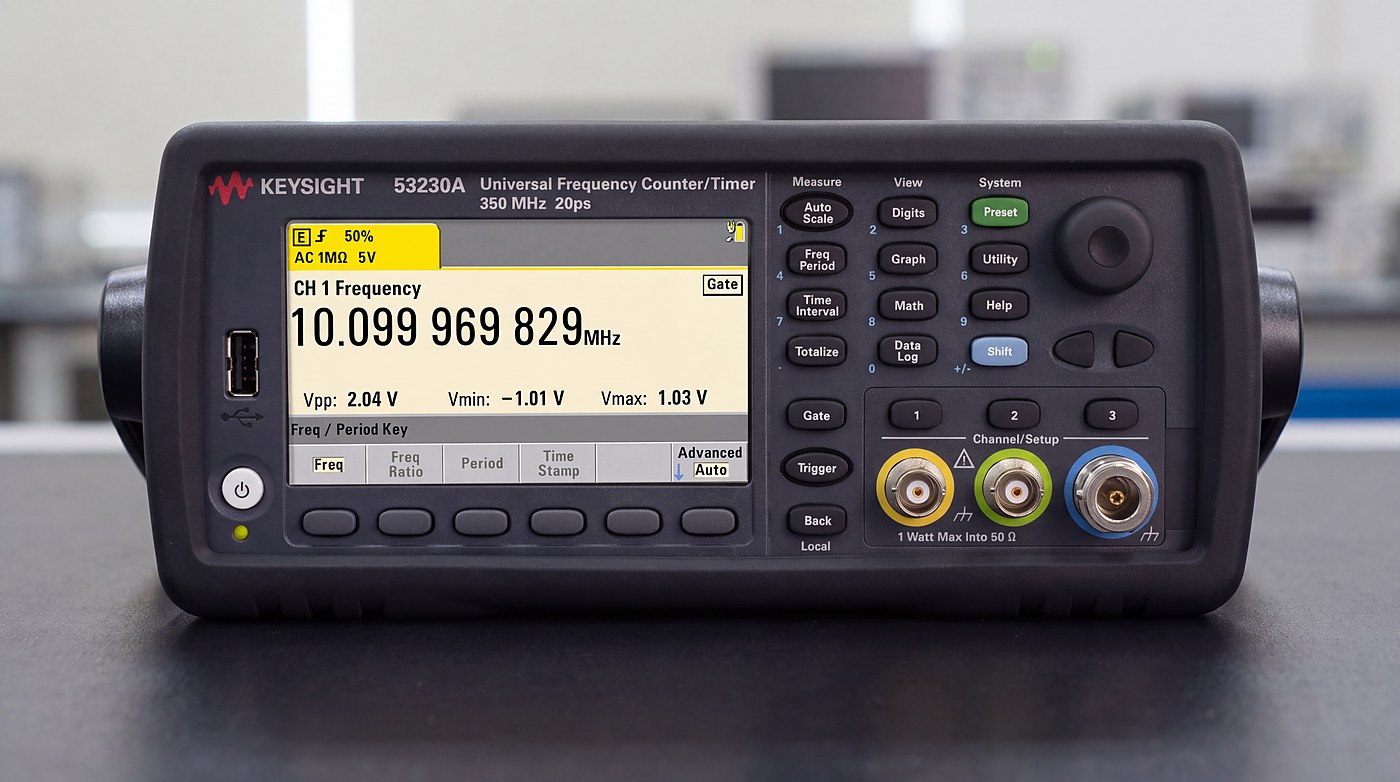 Máy đếm tần số Keysight 53230A ba kênh đặt trên bàn đo trong phòng thí nghiệm