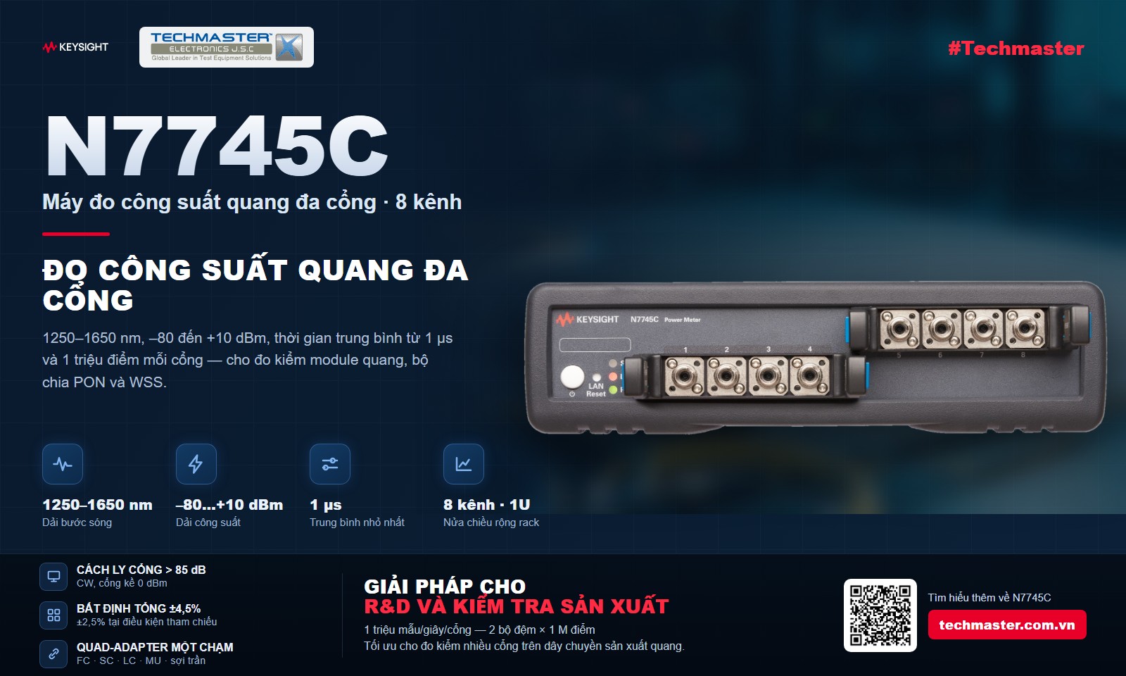Máy đo công suất quang đa cổng Keysight N7745C 8 kênh cho đo kiểm module quang và bộ chia PON