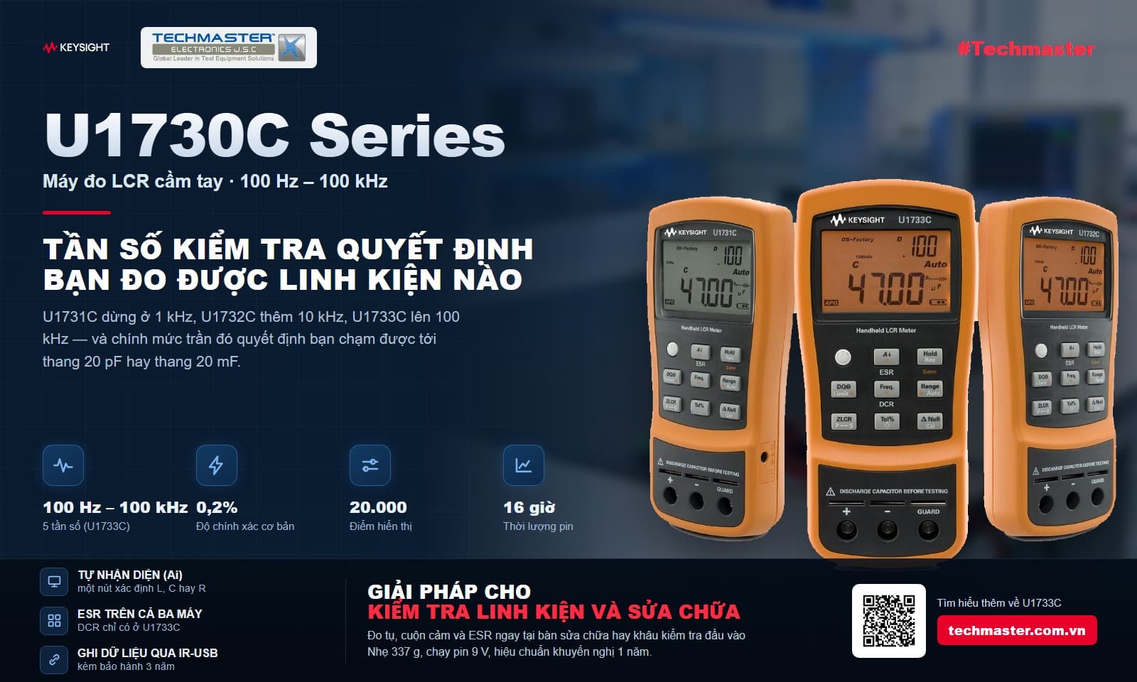 Máy đo LCR cầm tay Keysight U1731C, U1732C và U1733C với tần số kiểm tra tới 100 kHz