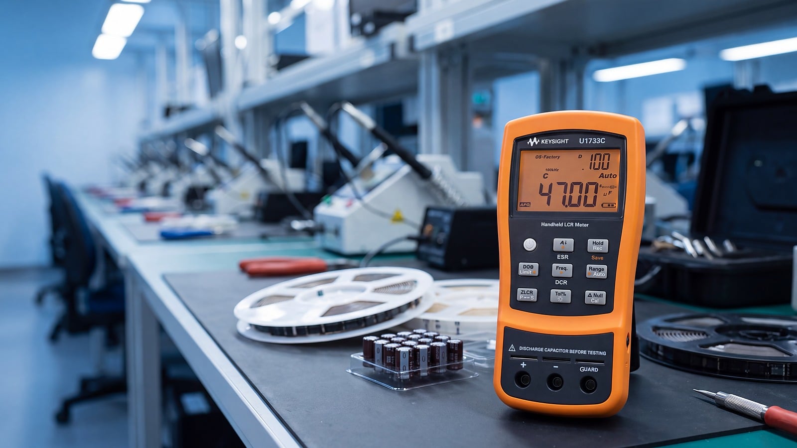 Máy đo LCR cầm tay Keysight U1733C tại khâu kiểm tra đầu vào linh kiện trong nhà máy điện tử