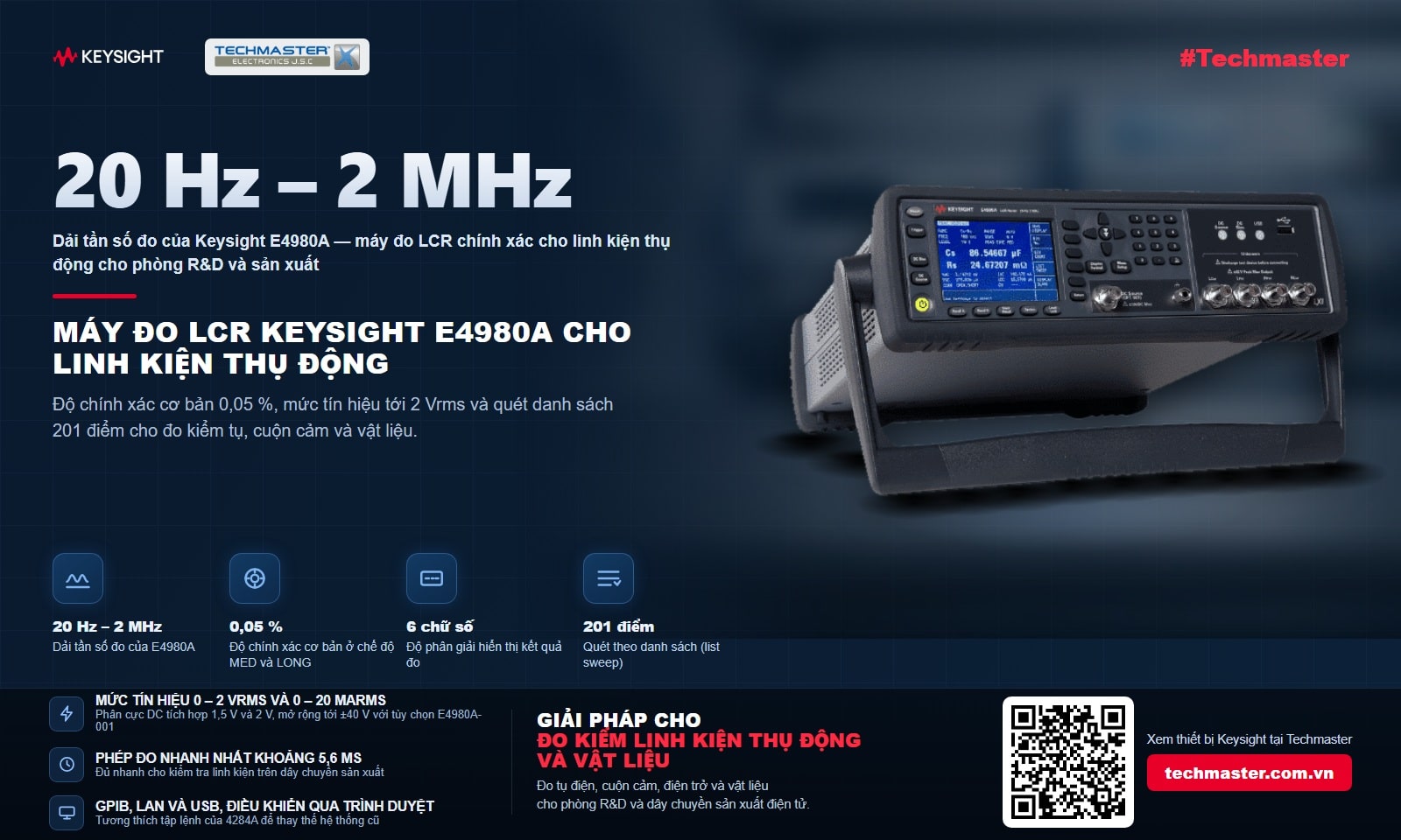 Máy đo LCR Keysight E4980A đo linh kiện thụ động, dải tần 20 Hz đến 2 MHz