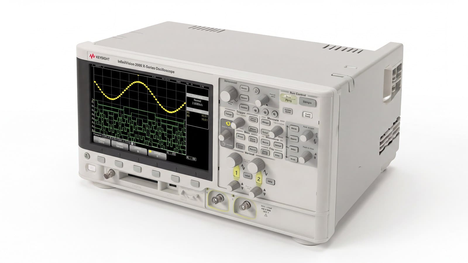 Máy hiện sóng Keysight DSOX2002A góc nghiêng cho thấy chiều sâu thân máy và khe tản nhiệt