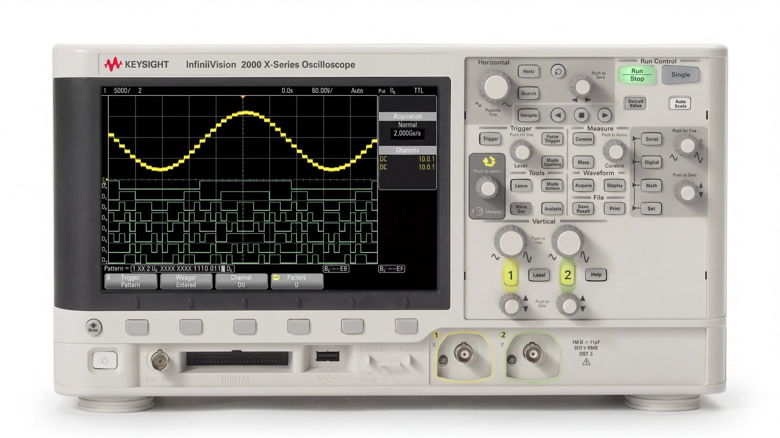 Mặt trước máy hiện sóng Keysight DSOX2002A với hai ngõ vào BNC và cụm phím Horizontal
