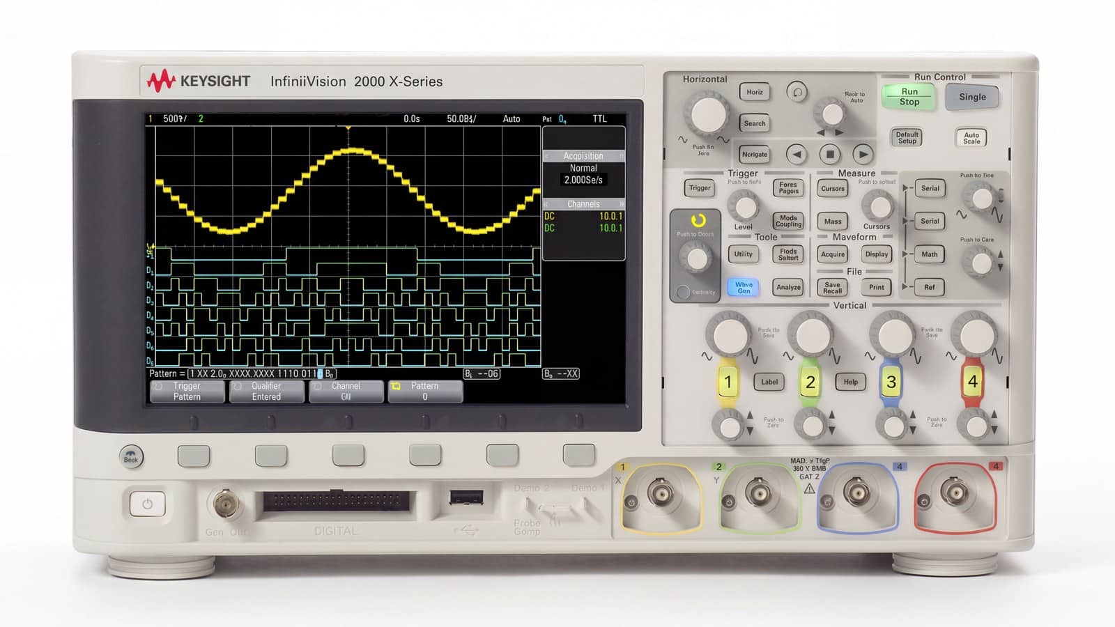 Mặt trước máy hiện sóng Keysight DSOX2024A với 4 ngõ vào BNC