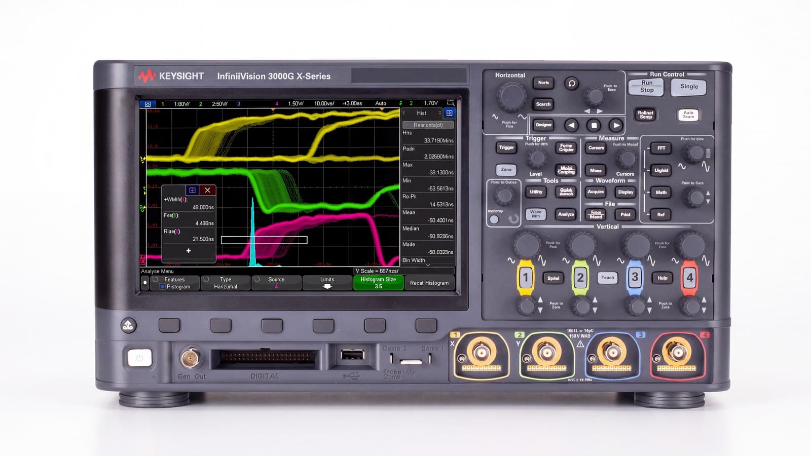 Mặt trước máy hiện sóng Keysight DSOX3054G với màn hình cảm ứng và 4 ngõ vào BNC