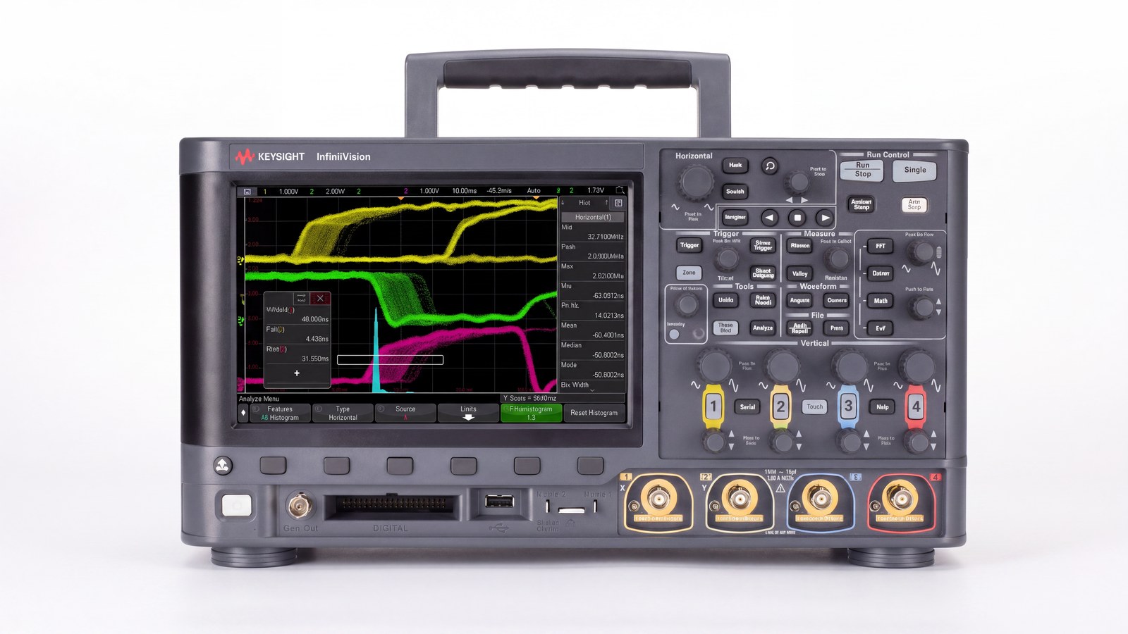 Mặt trước máy hiện sóng Keysight MSOX3104G với bốn cổng vào BNC