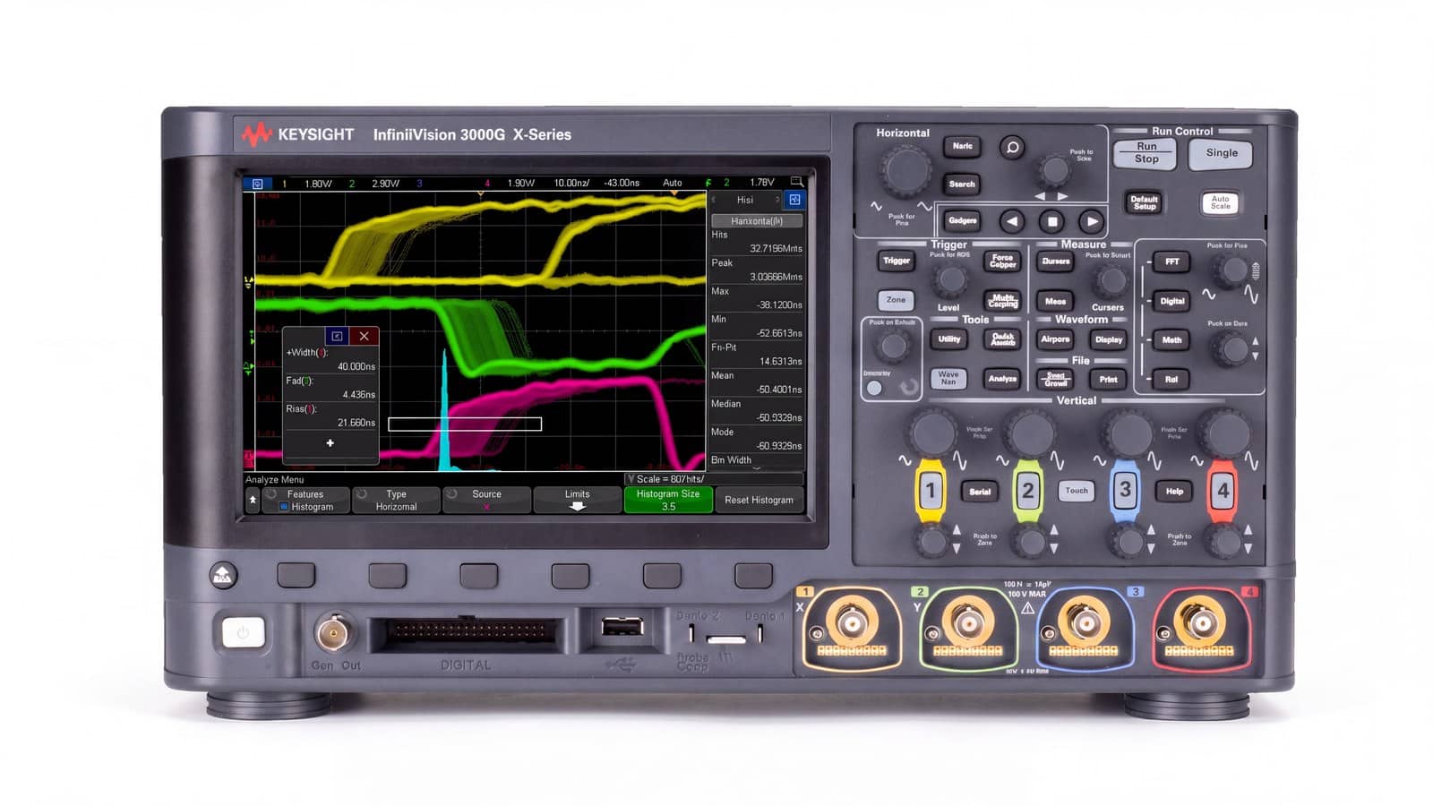 Keysight MSOX3104G góc phối cảnh cho thấy chiều sâu thân máy và cụm phím điều khiển