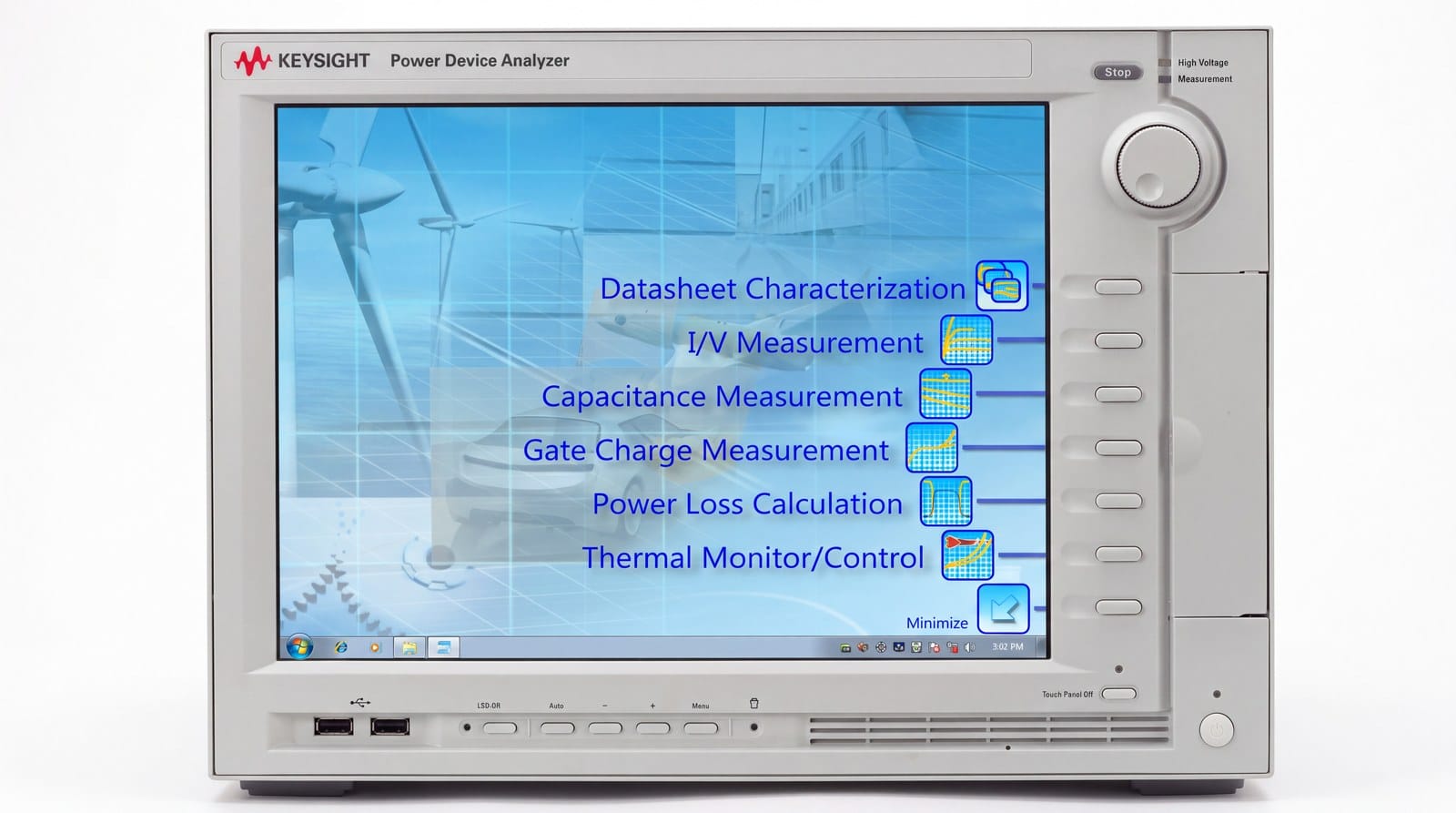 Mặt trước máy phân tích linh kiện công suất Keysight B1506A với trình đơn Easy Test Navigator
