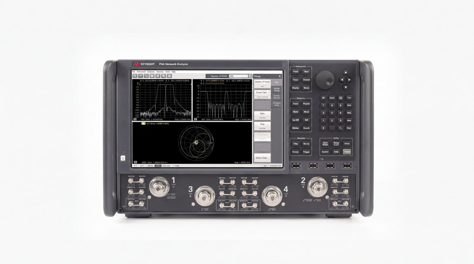 Mặt trước máy phân tích mạng Keysight N5227B với bốn cổng đo đồng trục