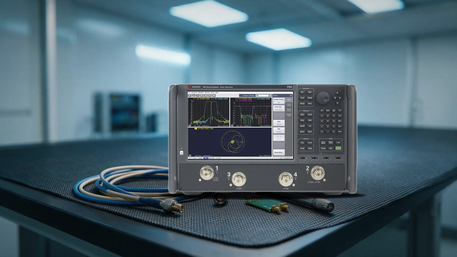 Máy phân tích mạng PNA Keysight N5224B trong phòng lab RF với cáp đồng trục và board DUT