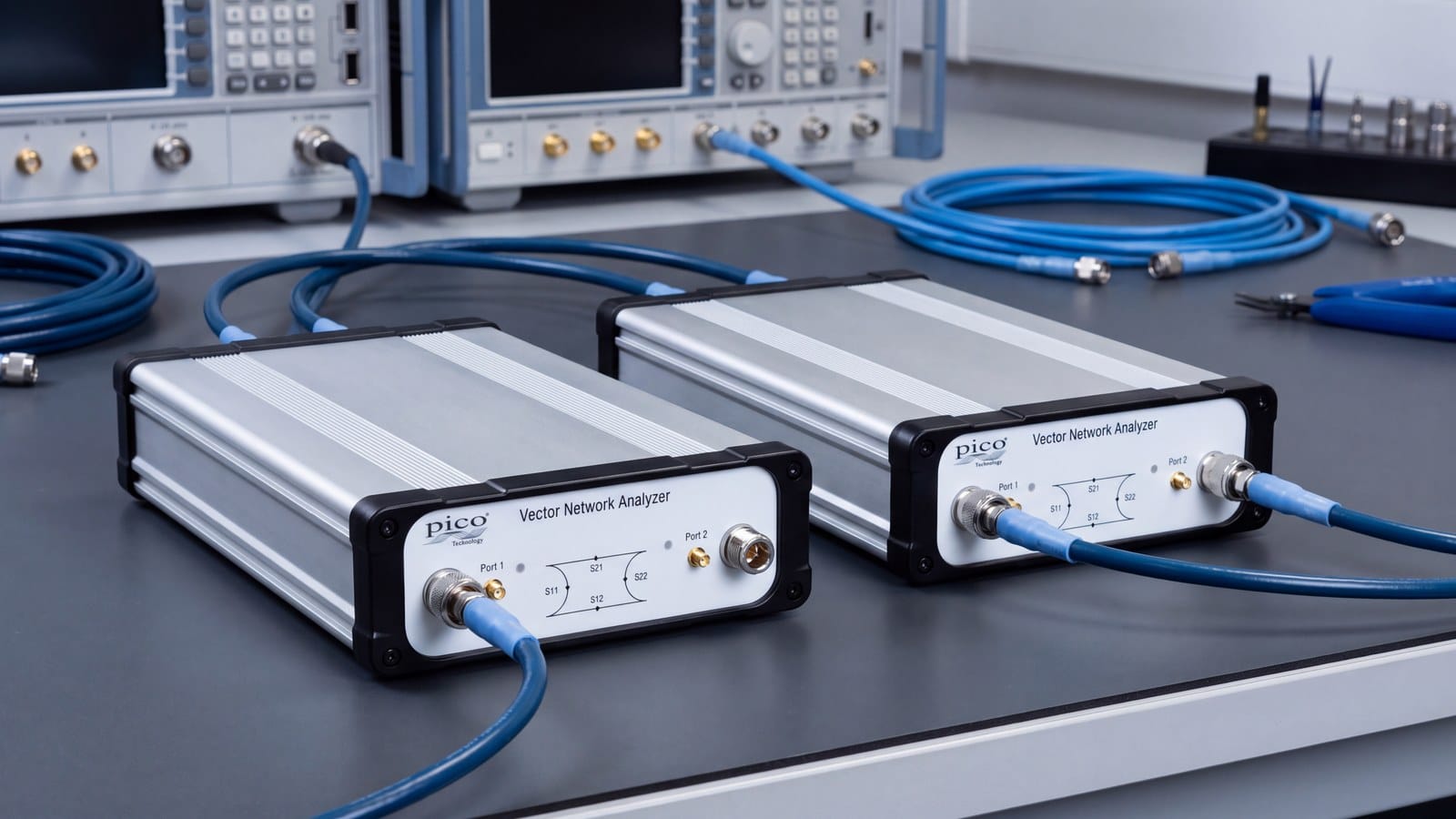 Hai máy phân tích mạng vector PicoVNA tại bàn đo RF — PicoVNA 106 và PicoVNA 108 dùng chung khung máy