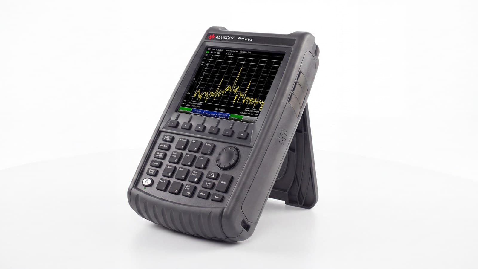 Máy phân tích phổ cầm tay Keysight N9935A FieldFox nhìn góc phối cảnh với chân chống