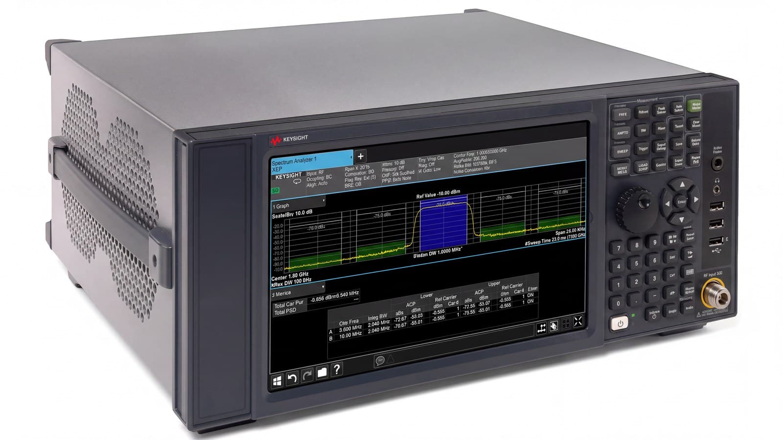Keysight N9000B CXA góc nghiêng cho thấy màn hình cảm ứng hiển thị phổ tín hiệu