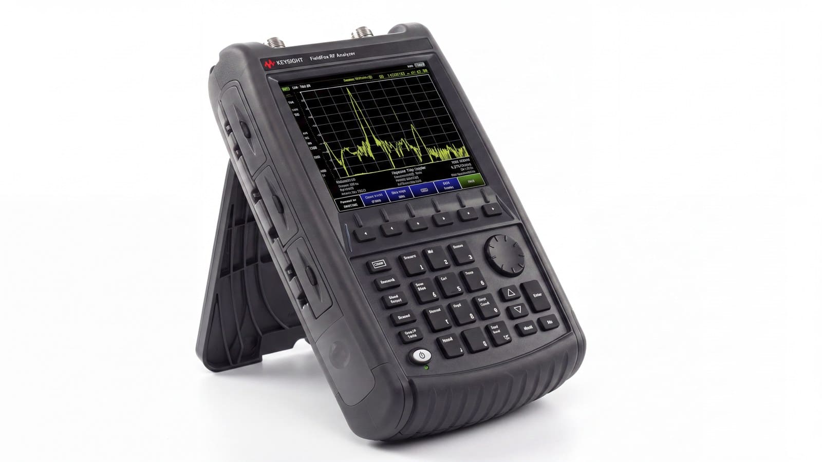 Keysight N9912A FieldFox góc nghiêng cho thấy chân chống và bàn phím cao su