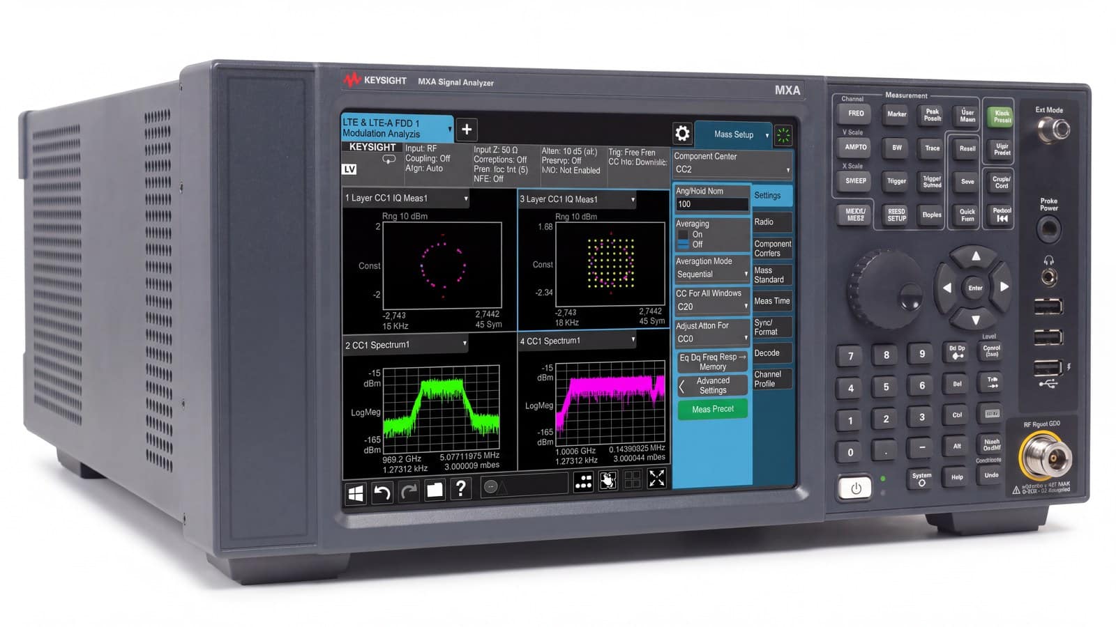 Keysight N9020B MXA góc phối cảnh cho thấy màn hình lớn và cụm phím chức năng