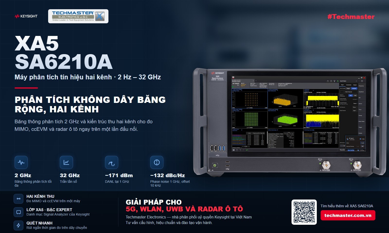 Máy phân tích tín hiệu Keysight XA5 SA6210A: hai kênh thu, 2 Hz đến 32 GHz, băng thông phân tích 2 GHz