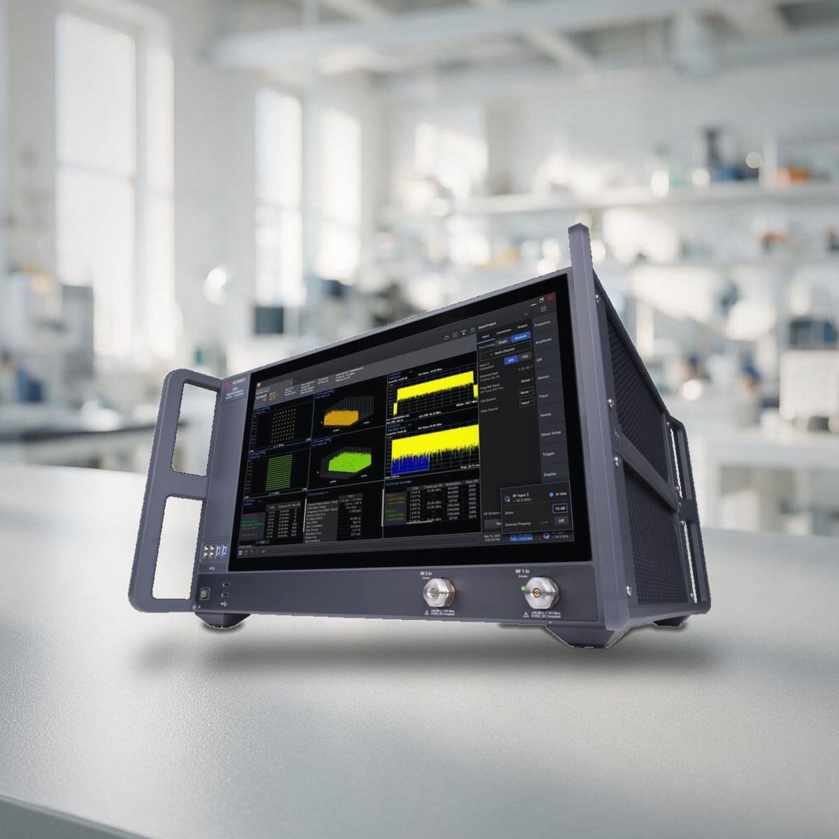 Máy phân tích tín hiệu Keysight XA5 SA6210A góc nghiêng, thấy rõ hai cổng vào RF 1 In và RF 2 In loại 2,4 mm