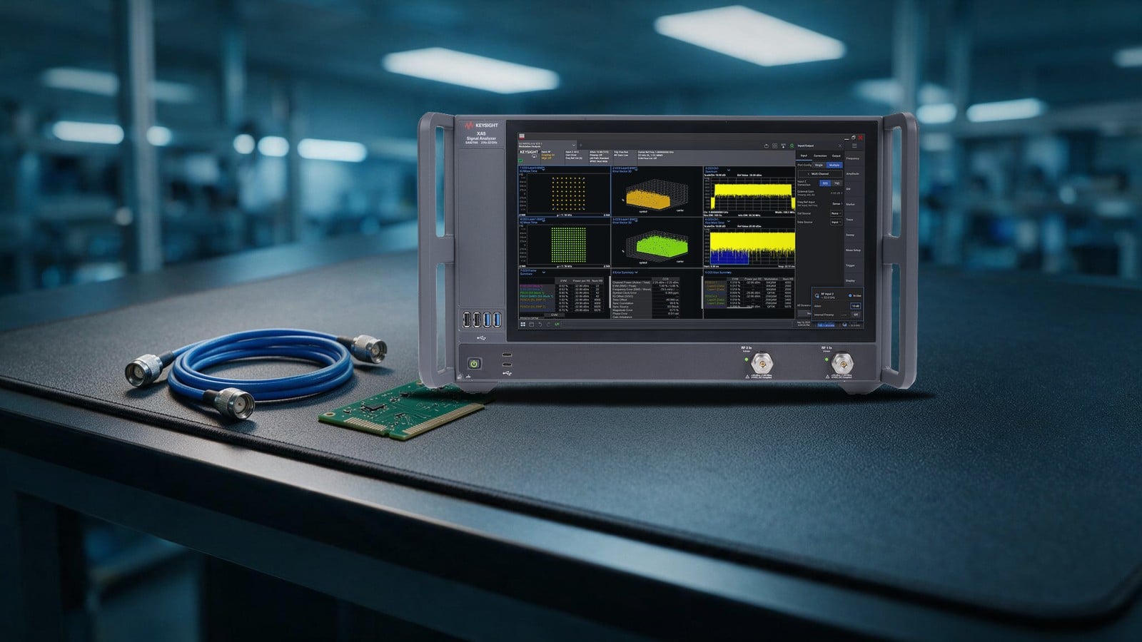 Máy phân tích tín hiệu Keysight XA5 SA6210A trên bàn ESD trong phòng lab RF, màn hình hiển thị phân tích điều chế đa kênh