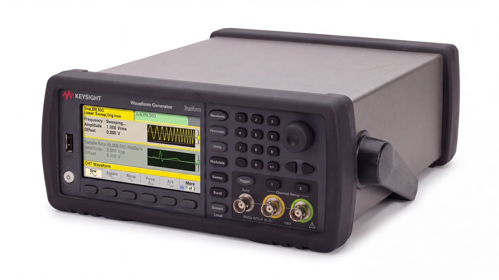 Keysight 33512B — ảnh phối cảnh góc 3/4 studio nền trắng
