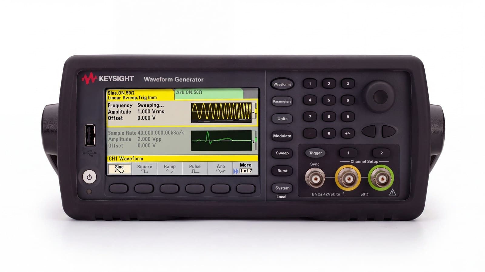 Mặt trước máy phát sóng hàm Keysight 33512B với màn hình hiển thị dạng sóng và thông số