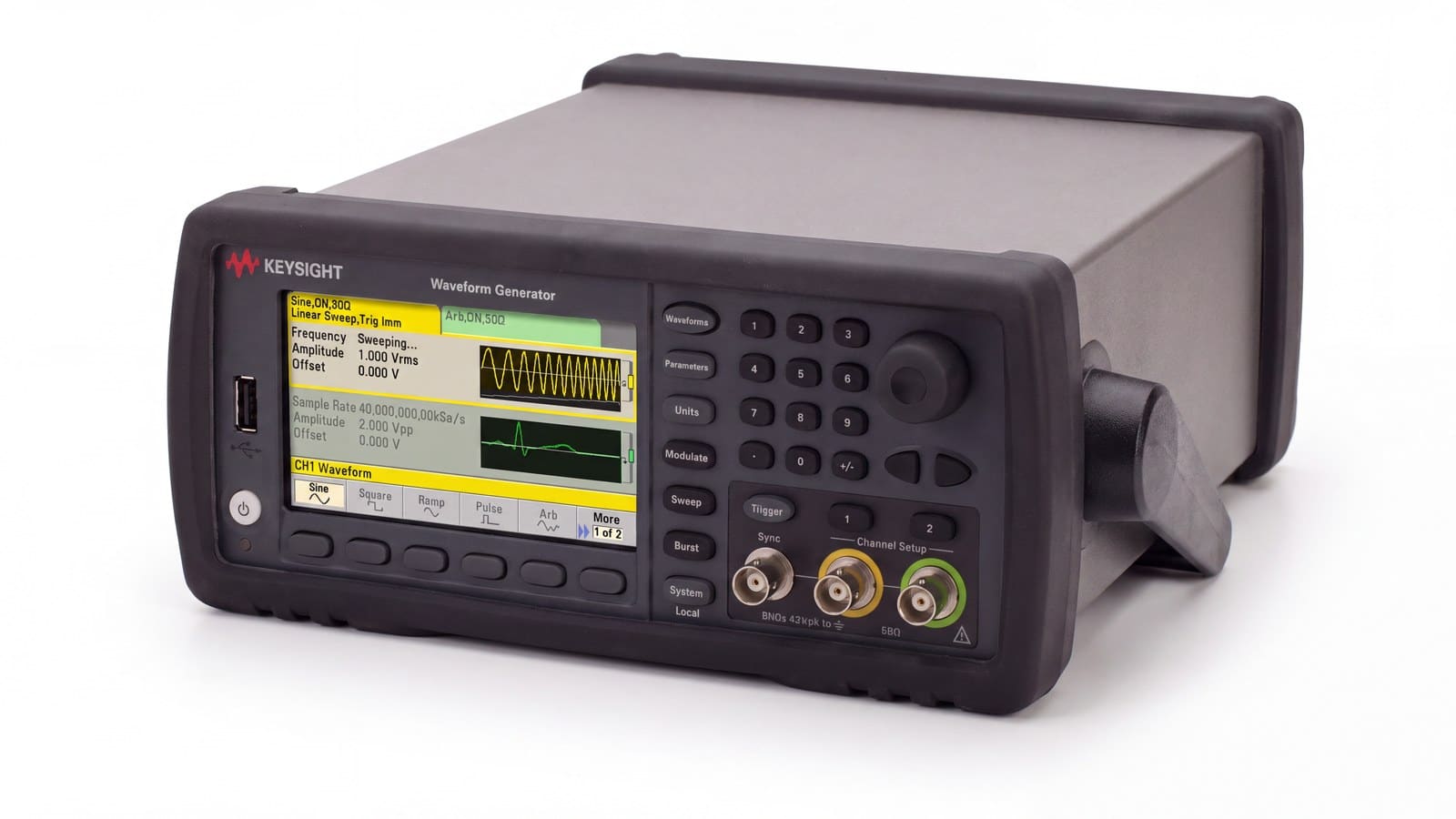 Keysight 33512B góc phối cảnh cho thấy hai ngõ ra BNC và cụm phím chức năng