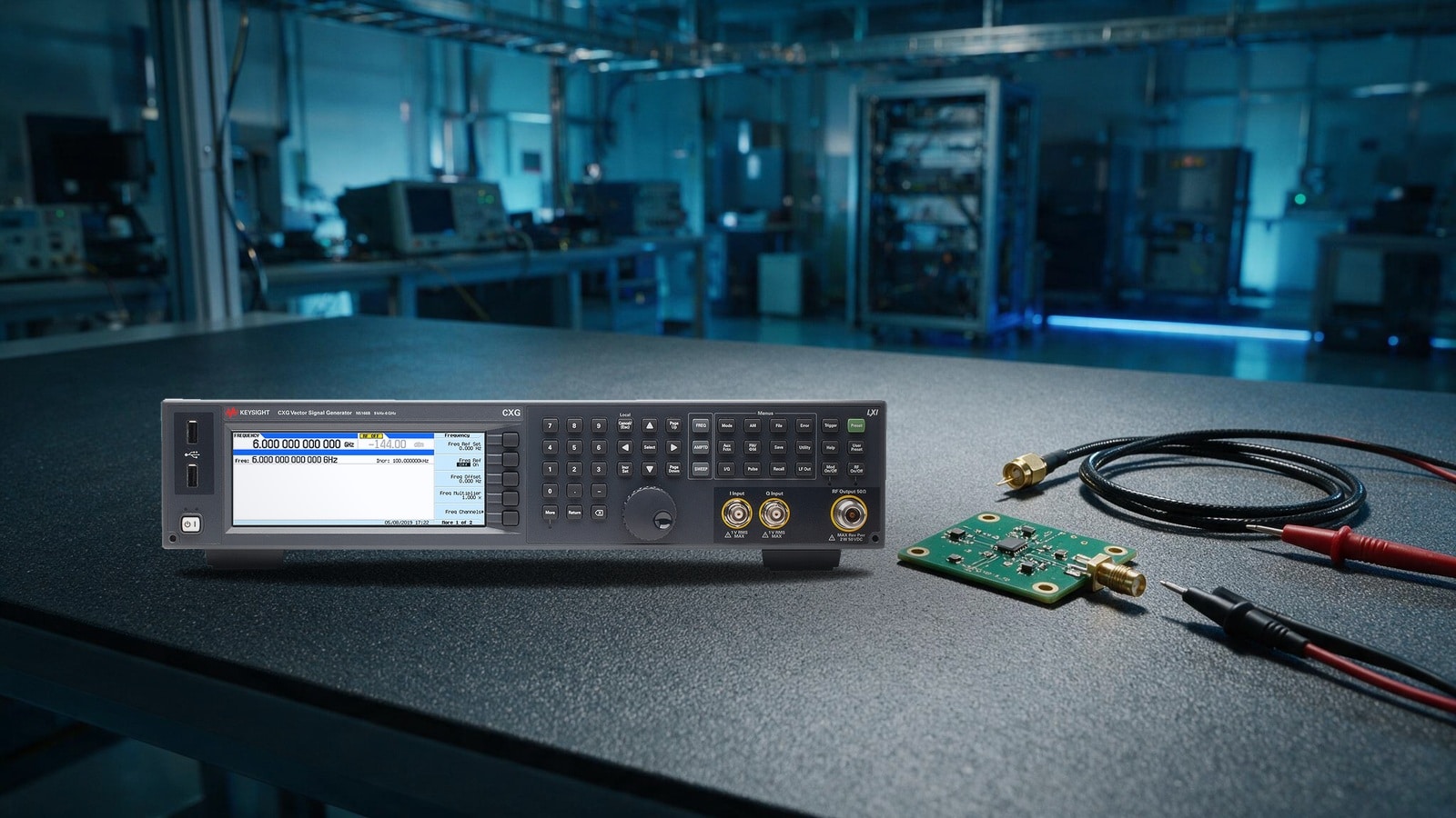 Máy phát tín hiệu vector Keysight N5166B CXG trên bàn đo RF cùng board DUT và que đo