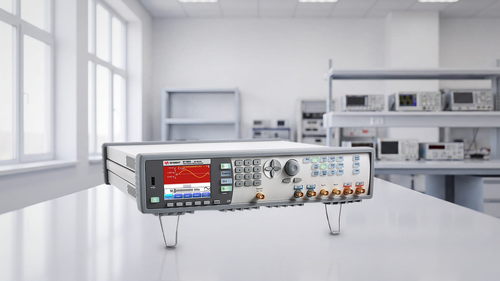 Máy phát xung Keysight 81160A đặt trên bàn thí nghiệm điện tử trong phòng R&D