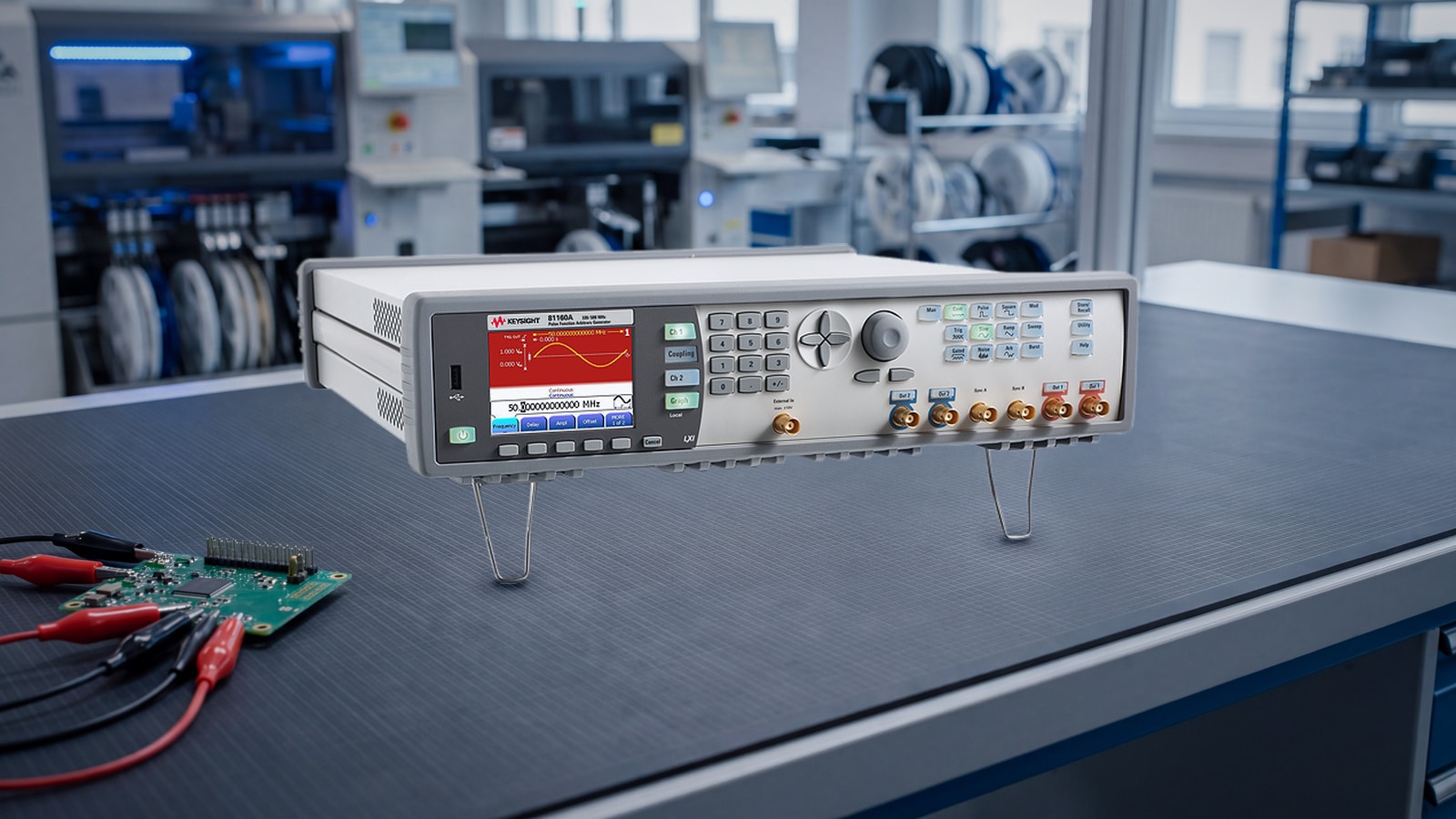 Máy phát xung Keysight 81160A tại trạm đo kiểm mạch in trong nhà máy điện tử