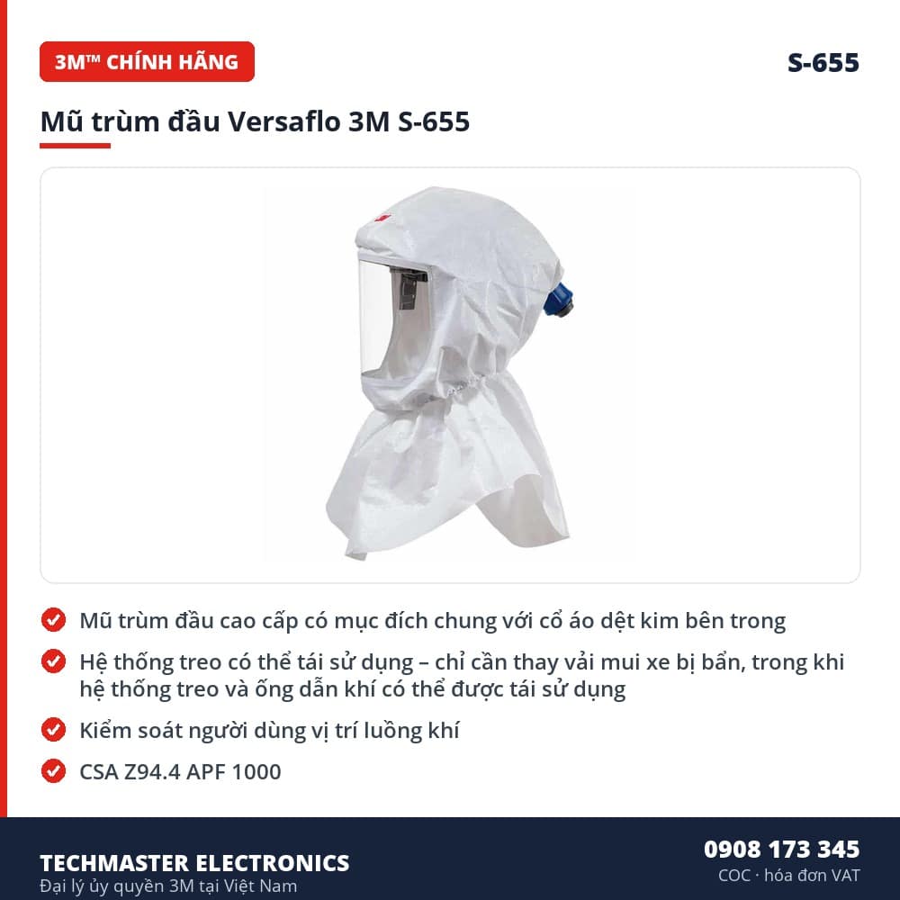 Mũ trùm đầu Versaflo 3M S-655 – đặc điểm & thông số chính