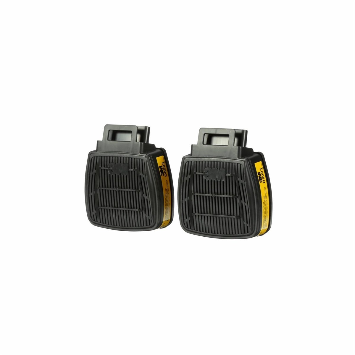 Cặp phin lọc khí và hơi 3M Secure Click D8003 màu đen, đọc rõ mã D8003 trên dải nhãn vàng ở cạnh phin