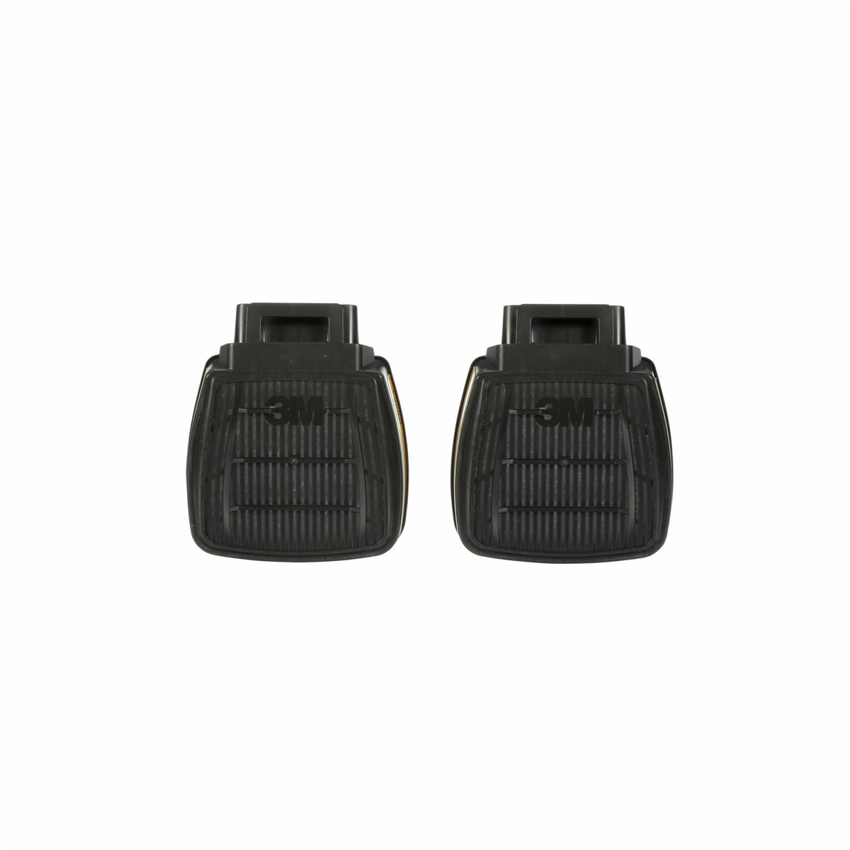 Cặp phin lọc 3M Secure Click nhìn thẳng, thấy rõ cổng khớp nối hình chữ nhật trên đỉnh phin