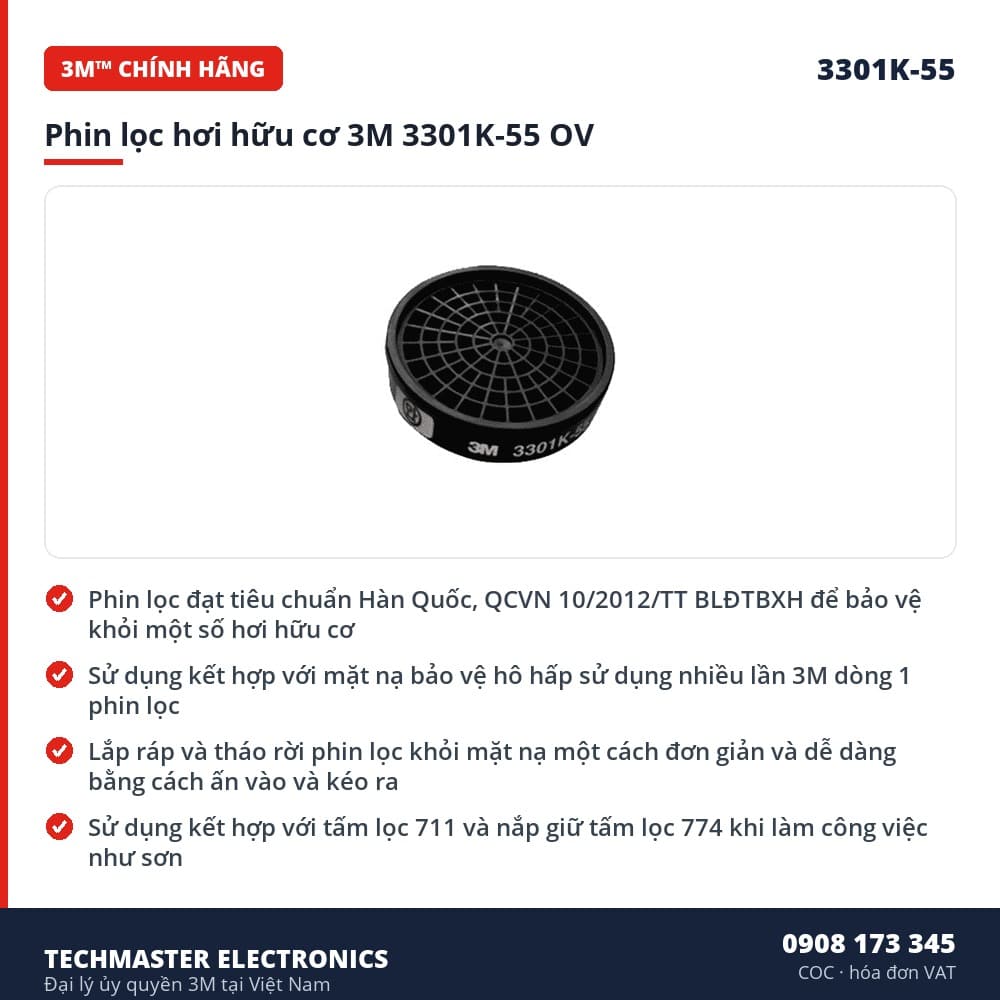 Phin lọc hơi hữu cơ 3M 3301K-55 OV – đặc điểm & thông số chính