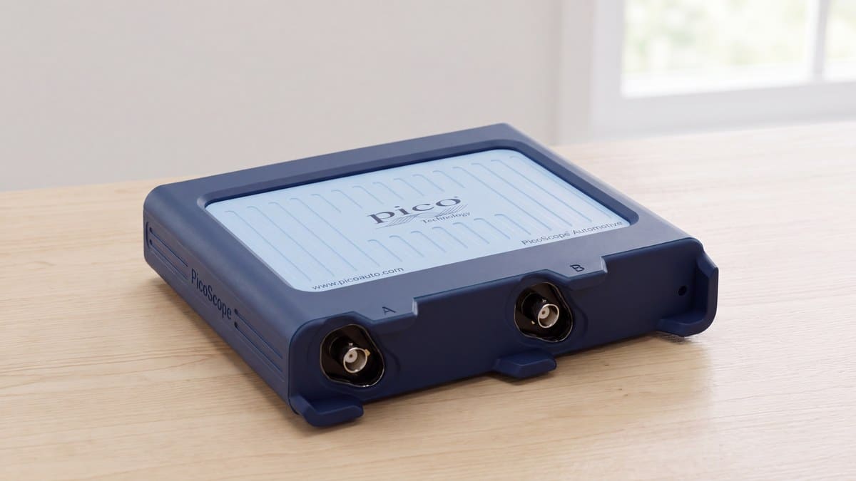 Thiết bị chẩn đoán ô tô PicoScope 4225A hai kênh đặt trên bàn làm việc trong xưởng dịch vụ