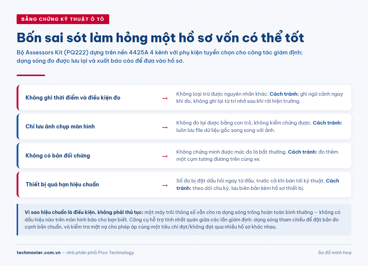 Bảng bốn sai sót làm mất giá trị chứng minh của phép đo trong giám định kỹ thuật ô tô