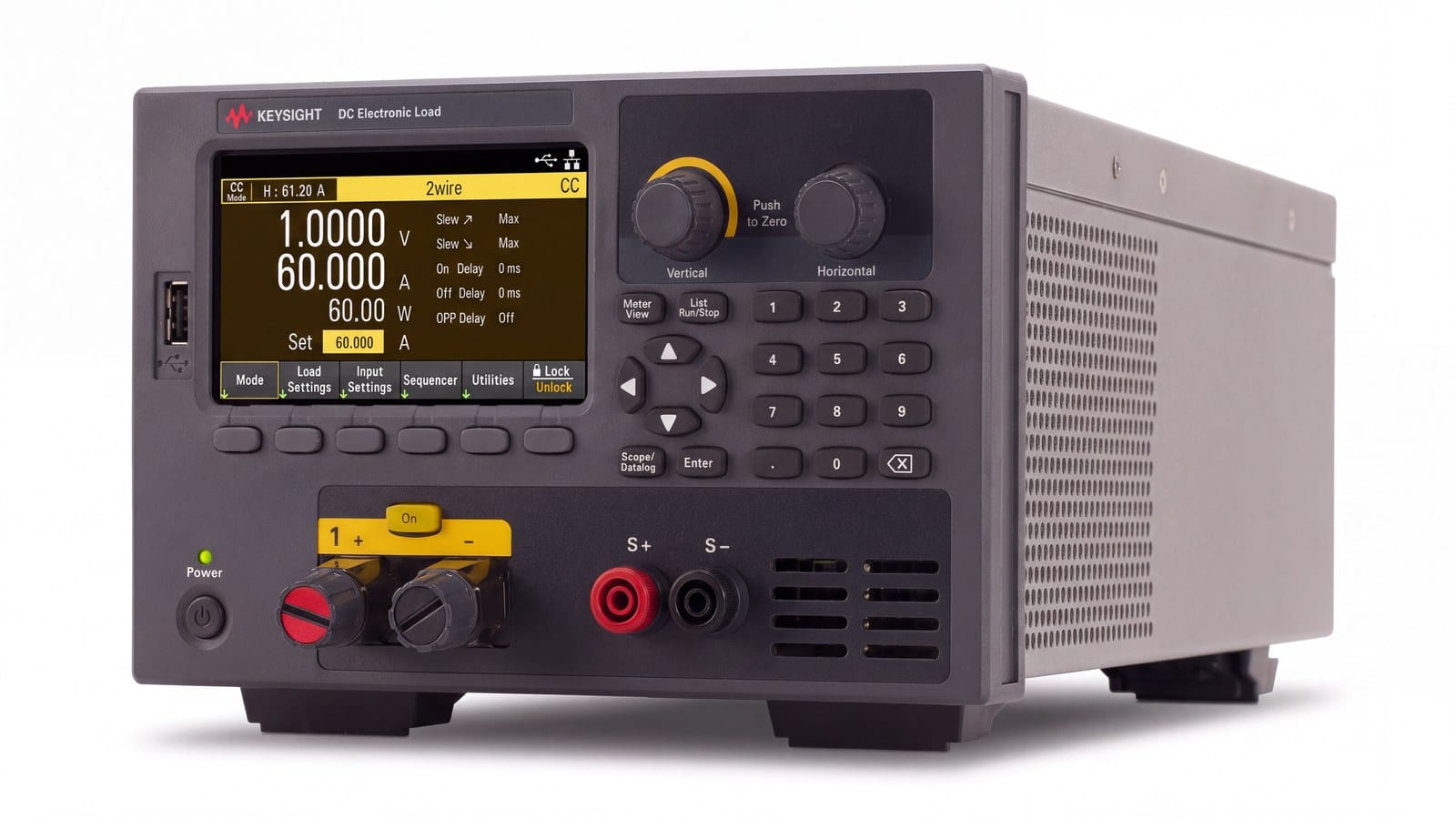 Tải điện tử DC Keysight EL34143A nhìn góc nghiêng, mặt bên và cổng kết nối