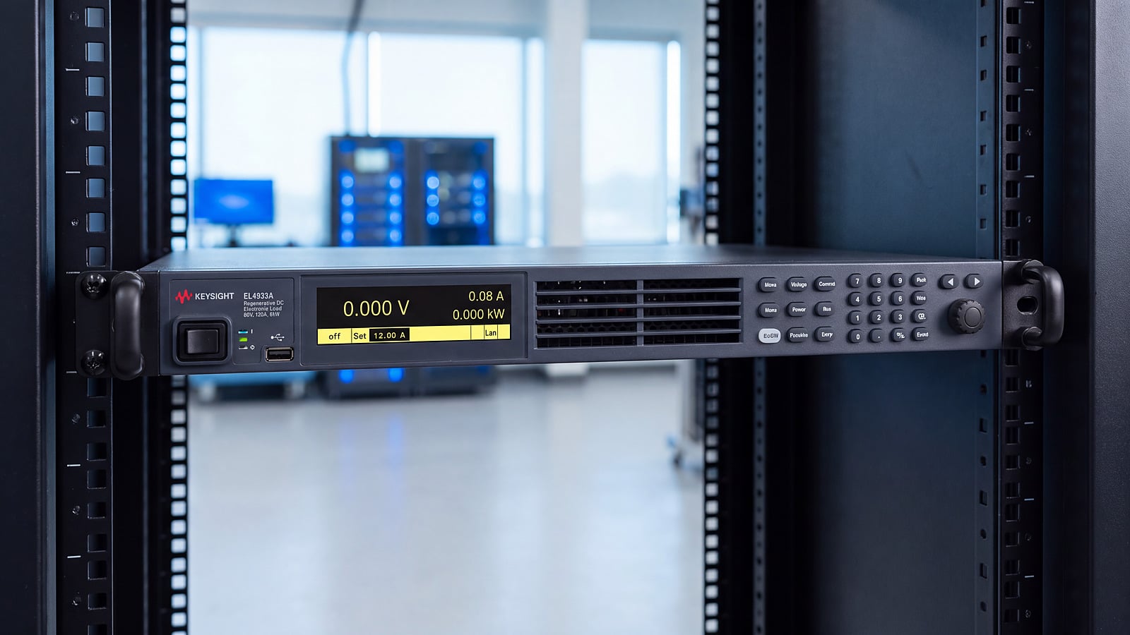 Tải điện tử DC tái sinh Keysight EL4933A 6 kW lắp trong tủ rack phòng thử nghiệm pin xe điện
