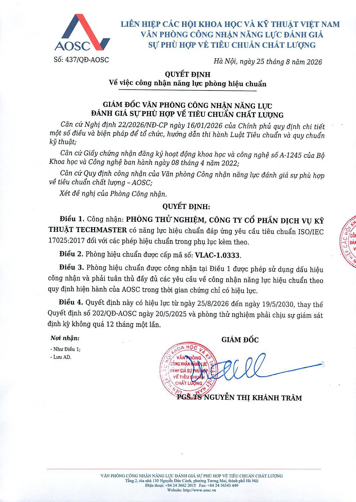 Giấy chứng nhận phòng thử nghiệm có năng lực thử nghiệm, hiệu chuẩn 2026