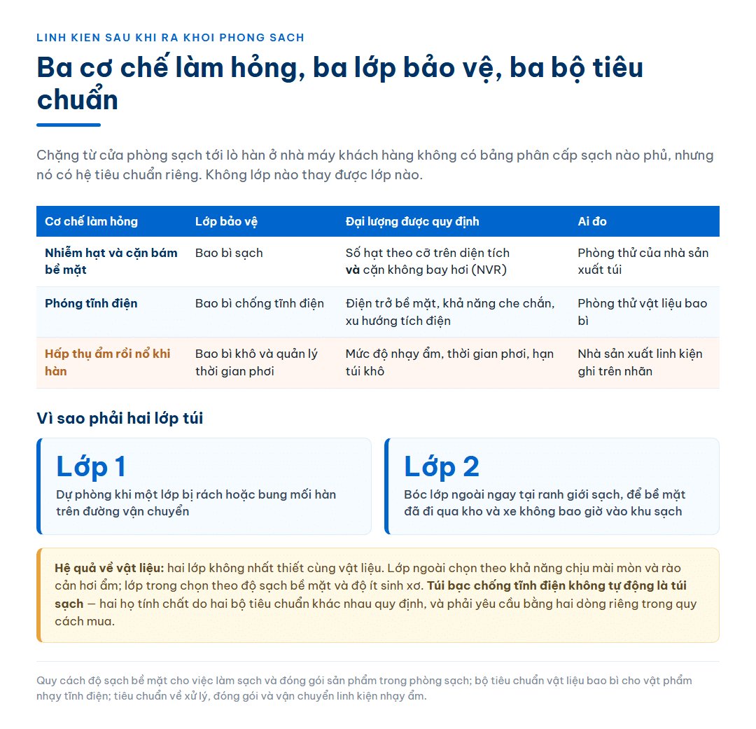 Ba cơ chế làm hỏng linh kiện trên chặng sau phòng sạch và ba lớp bảo vệ tương ứng: nhiễm hạt và cặn bám bề mặt được quản lý bằng bao bì sạch quy định cả số hạt lẫn cặn không bay hơi; phóng tĩnh điện được quản lý bằng bao bì chống tĩnh điện quy định điện trở bề mặt và khả năng che chắn; hấp thụ ẩm được quản lý bằng bao bì khô và thời gian phơi; kèm giải thích hai mục đích của cấu hình hai lớp túi