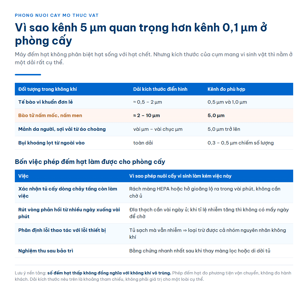 Dải kích thước bào tử nấm và vi khuẩn so với kênh đo của máy đếm hạt