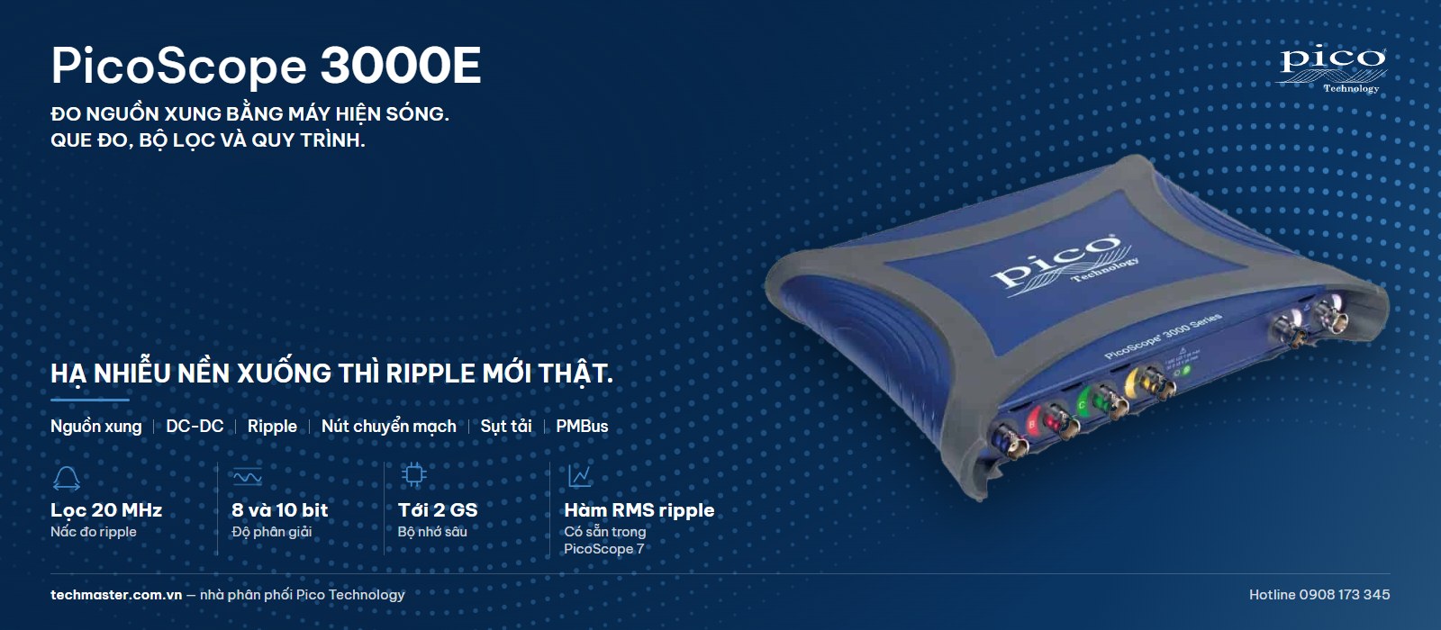 Đo nguồn xung bằng máy hiện sóng PicoScope 3000E: bộ lọc 20 MHz, chế độ 10 bit và bộ nhớ tới 2 GS