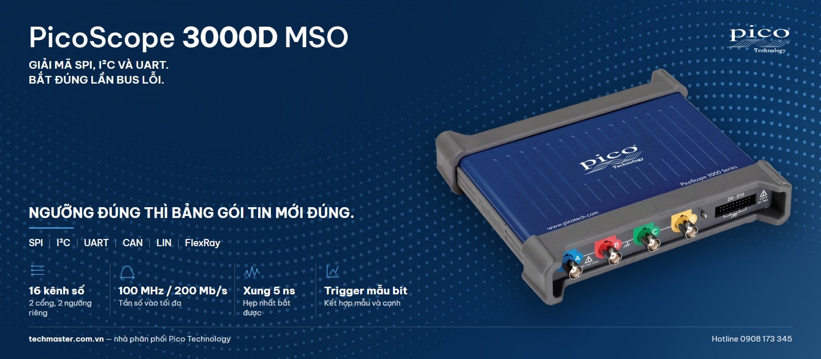 Giải mã SPI I2C UART trên máy hiện sóng PicoScope 3000D MSO với 16 kênh logic và hai bộ ngưỡng độc lập