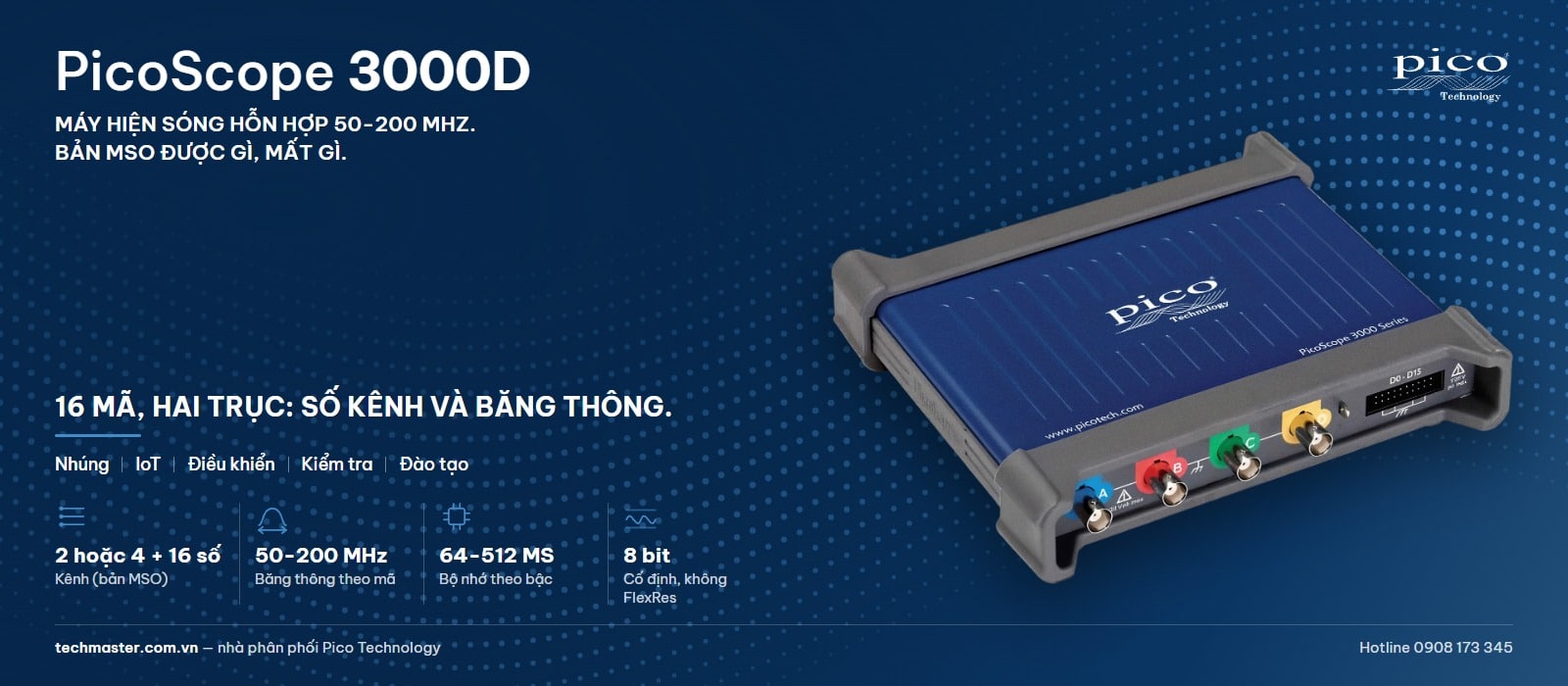 Máy hiện sóng MSO PicoScope 3000D, máy hiện sóng hỗn hợp 16 mã từ 50 đến 200 MHz với bản thường và bản MSO